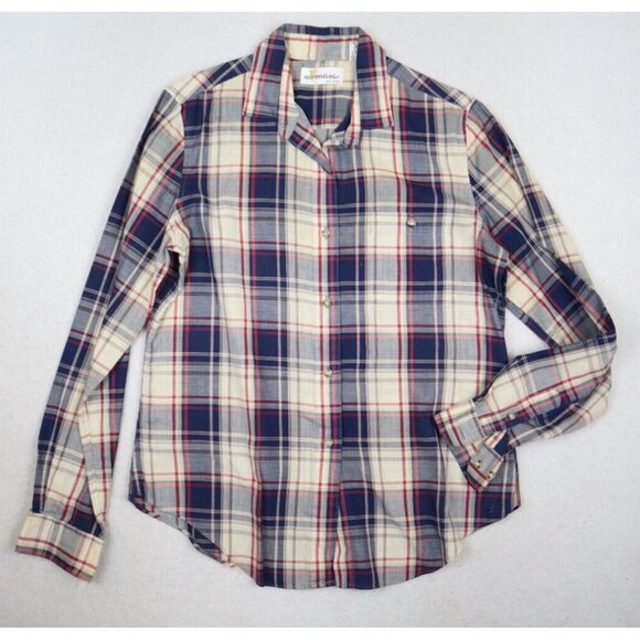 VINTAGE WOMEN'S BLUE & BEIGE PLAID LONG SLEEVE BUTTON-UP SHIRT - ESSENTIALS - 10 - Picture 1 of 8
